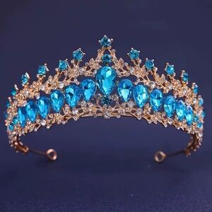 Vintage Gold Tiara with Bright Blue Crystal Gems